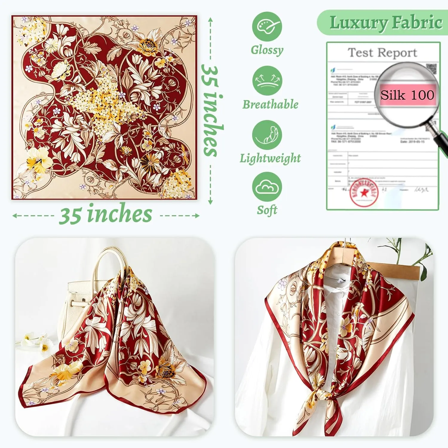 100% Mulberry Silk Head Scarf for Sleeping 35"x35" Square Silk Hair Scarf for Women Lightweight Bandana Large