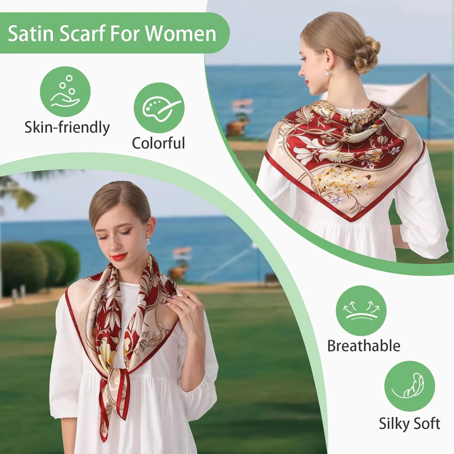 100% Mulberry Silk Head Scarf for Sleeping 35"x35" Square Silk Hair Scarf for Women Lightweight Bandana Large