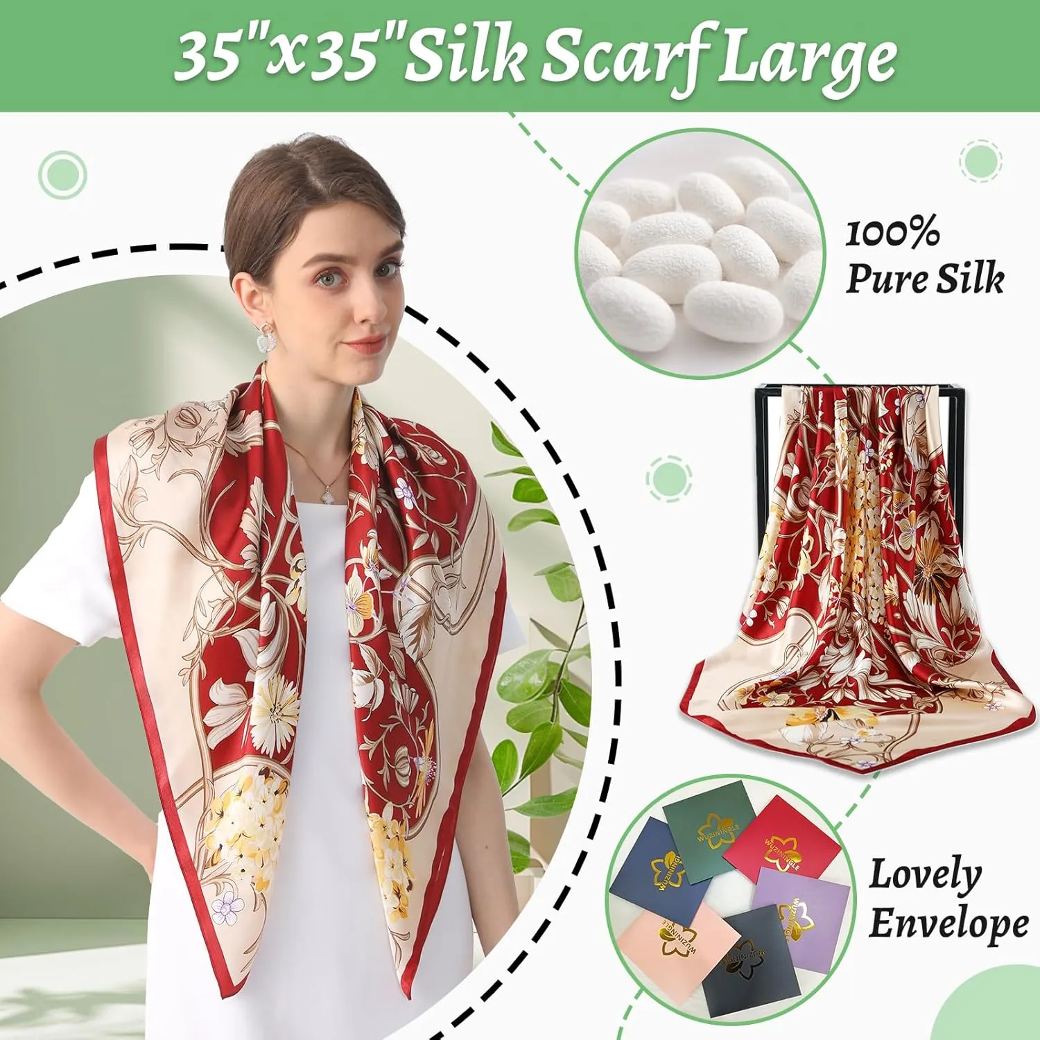 100% Mulberry Silk Head Scarf for Sleeping 35"x35" Square Silk Hair Scarf for Women Lightweight Bandana Large