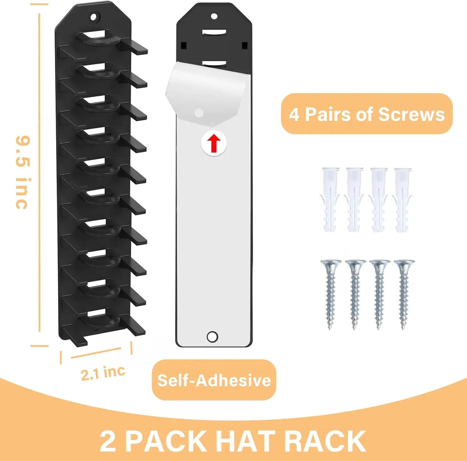 2 Pack Hat Organizer for Baseball Caps,Hat Rack for Wall, Compact Hat Storage Display Holder,Hold Up to 20 Hats,Hat Hanger Strong Adhesive/Wall Drilled for Door,Bedroom,Closet
