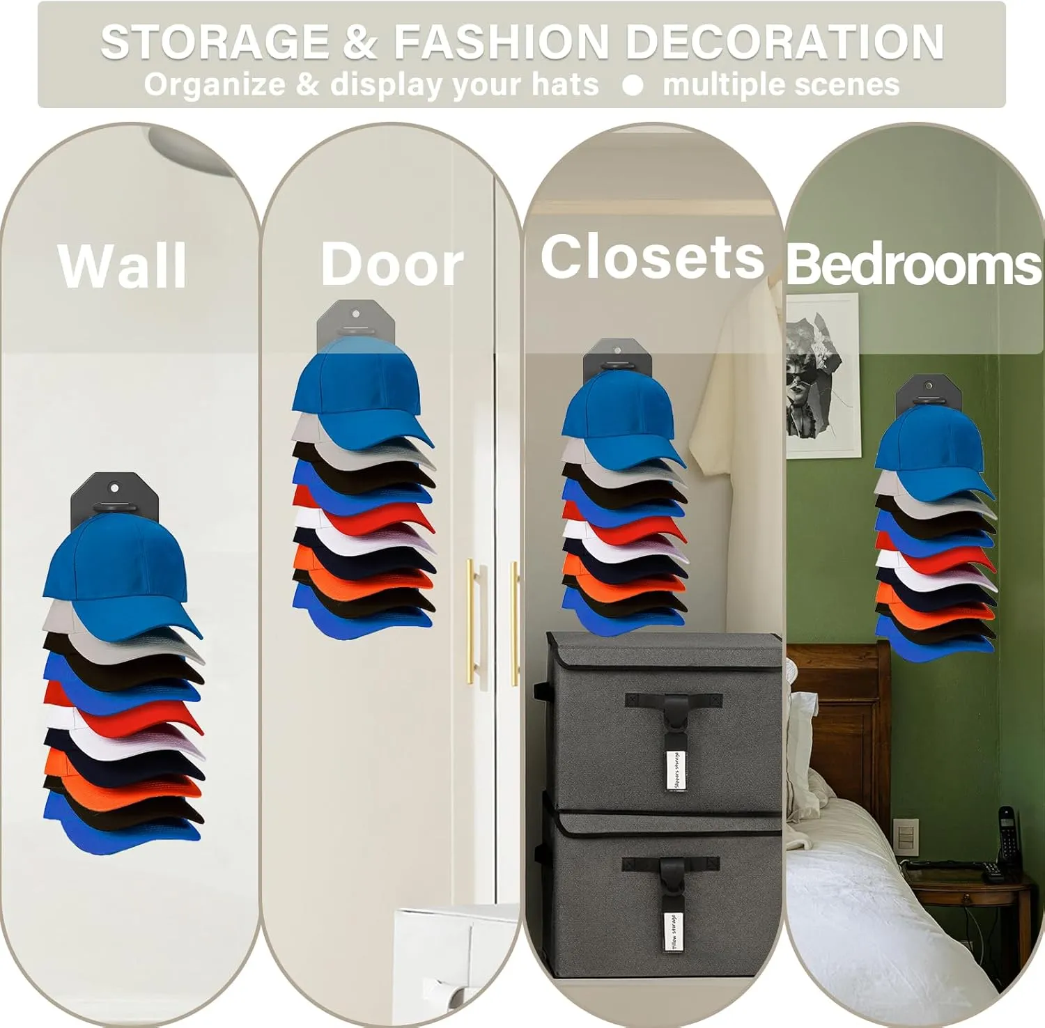 2 Pack Hat Organizer for Baseball Caps,Hat Rack for Wall, Compact Hat Storage Display Holder,Hold Up to 20 Hats,Hat Hanger Strong Adhesive/Wall Drilled for Door,Bedroom,Closet