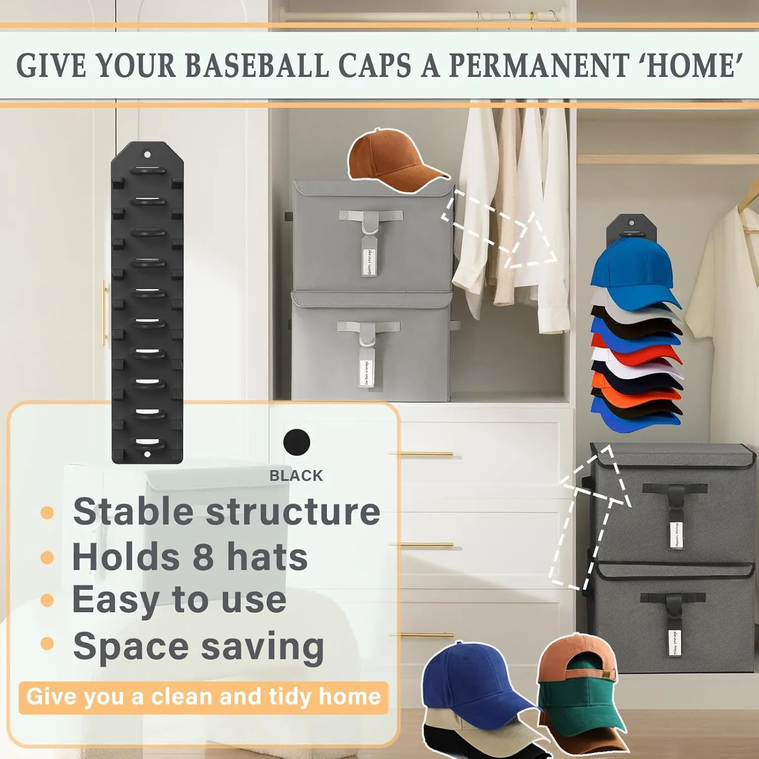 2 Pack Hat Organizer for Baseball Caps,Hat Rack for Wall, Compact Hat Storage Display Holder,Hold Up to 20 Hats,Hat Hanger Strong Adhesive/Wall Drilled for Door,Bedroom,Closet