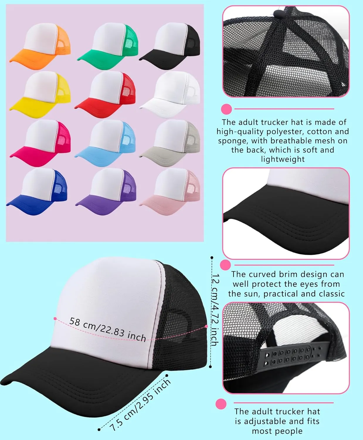 8 Pack Adult Blank Trucker Hats Sublimation Mesh Baseball Cap DIY Plain Trucker Cap for Summer Outdoor Sports