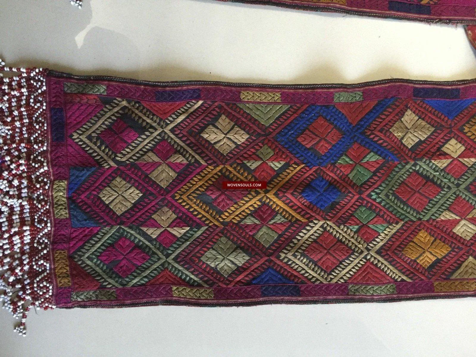 918 SOLD Antique Kohistan Embroidered Scarf Textile with Superb beaded Tassels