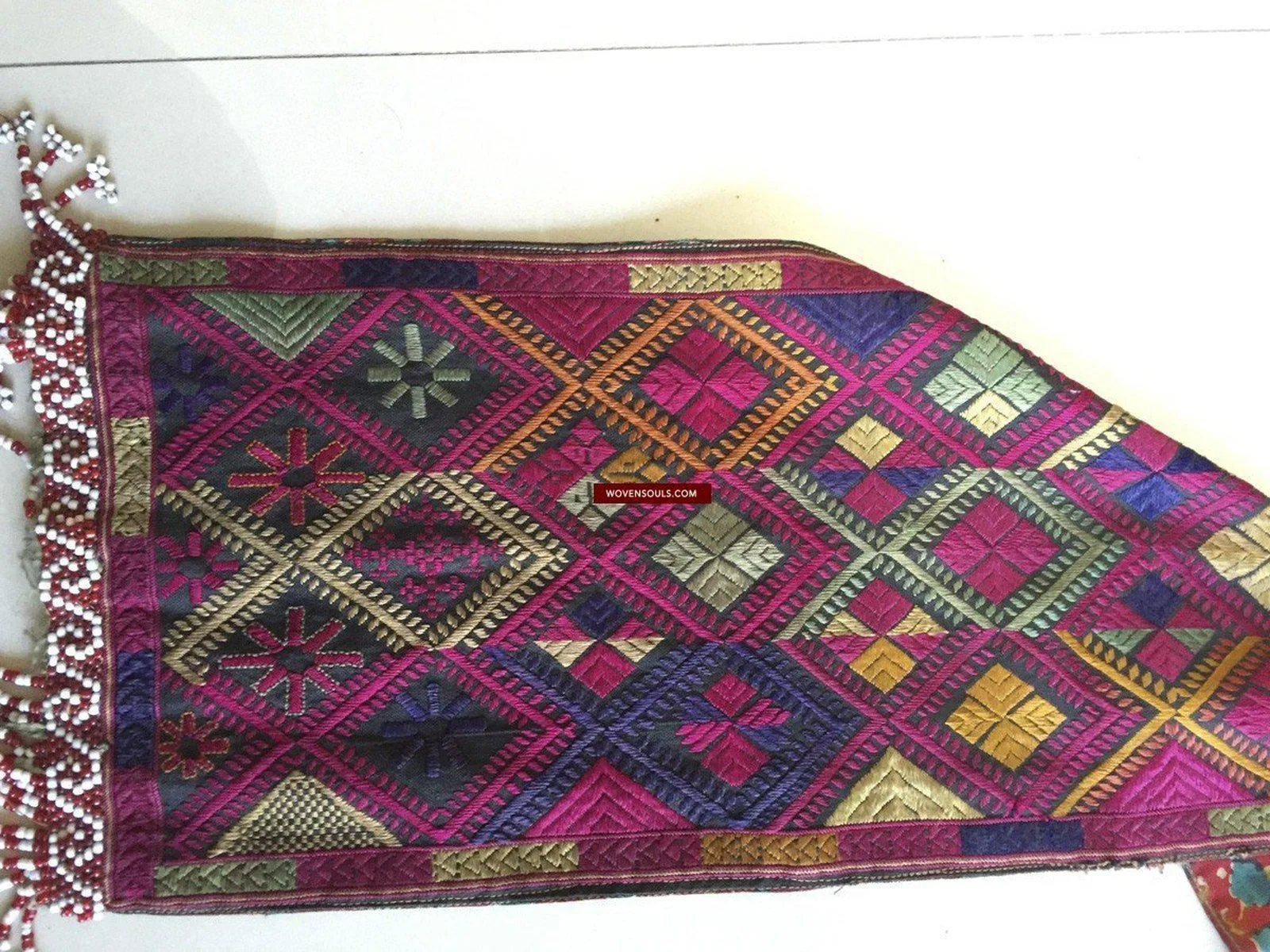 918 SOLD Antique Kohistan Embroidered Scarf Textile with Superb beaded Tassels