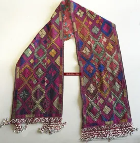 918 SOLD Antique Kohistan Embroidered Scarf Textile with Superb beaded Tassels