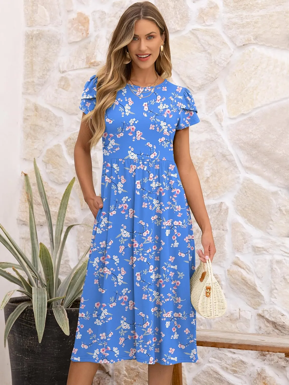 ANRABESS Women's Summer Short Sleeve A-Line Midi Dresses Casual Floral T-Shirt Dresses Flowy Beach Sundress with Pockets