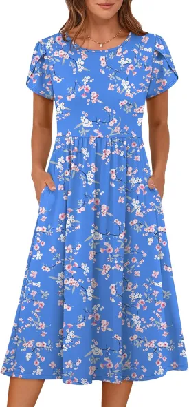 ANRABESS Women's Summer Short Sleeve A-Line Midi Dresses Casual Floral T-Shirt Dresses Flowy Beach Sundress with Pockets