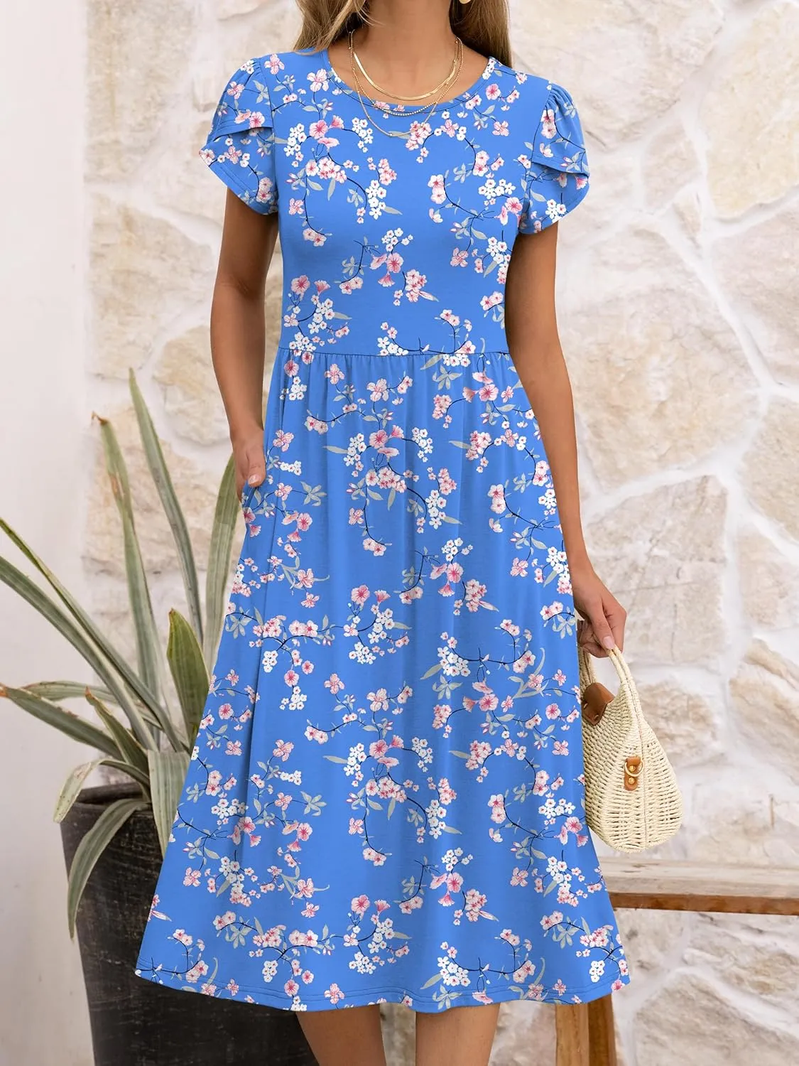 ANRABESS Women's Summer Short Sleeve A-Line Midi Dresses Casual Floral T-Shirt Dresses Flowy Beach Sundress with Pockets