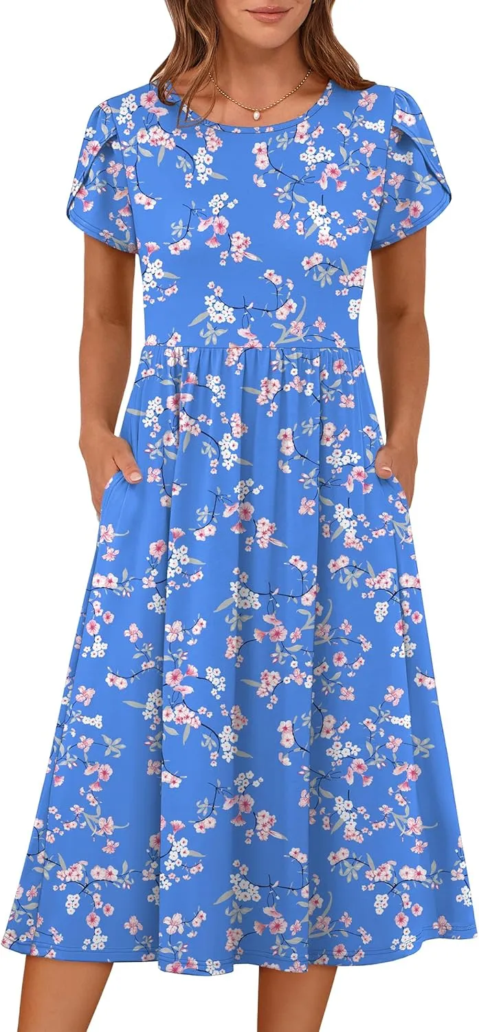 ANRABESS Women's Summer Short Sleeve A-Line Midi Dresses Casual Floral T-Shirt Dresses Flowy Beach Sundress with Pockets