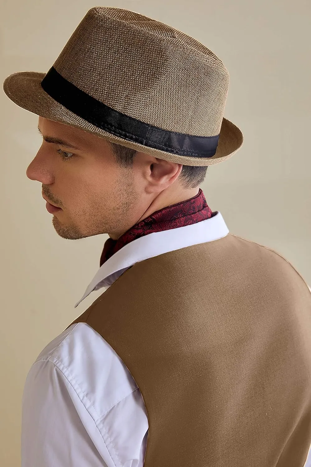 BABEYOND Straw Trilby Fedora Hat for Men-1920s Felt Panama Hat Short Brim Summer Cap with Ribbon