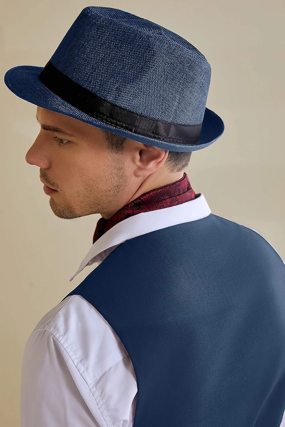 BABEYOND Straw Trilby Fedora Hat for Men-1920s Felt Panama Hat Short Brim Summer Cap with Ribbon