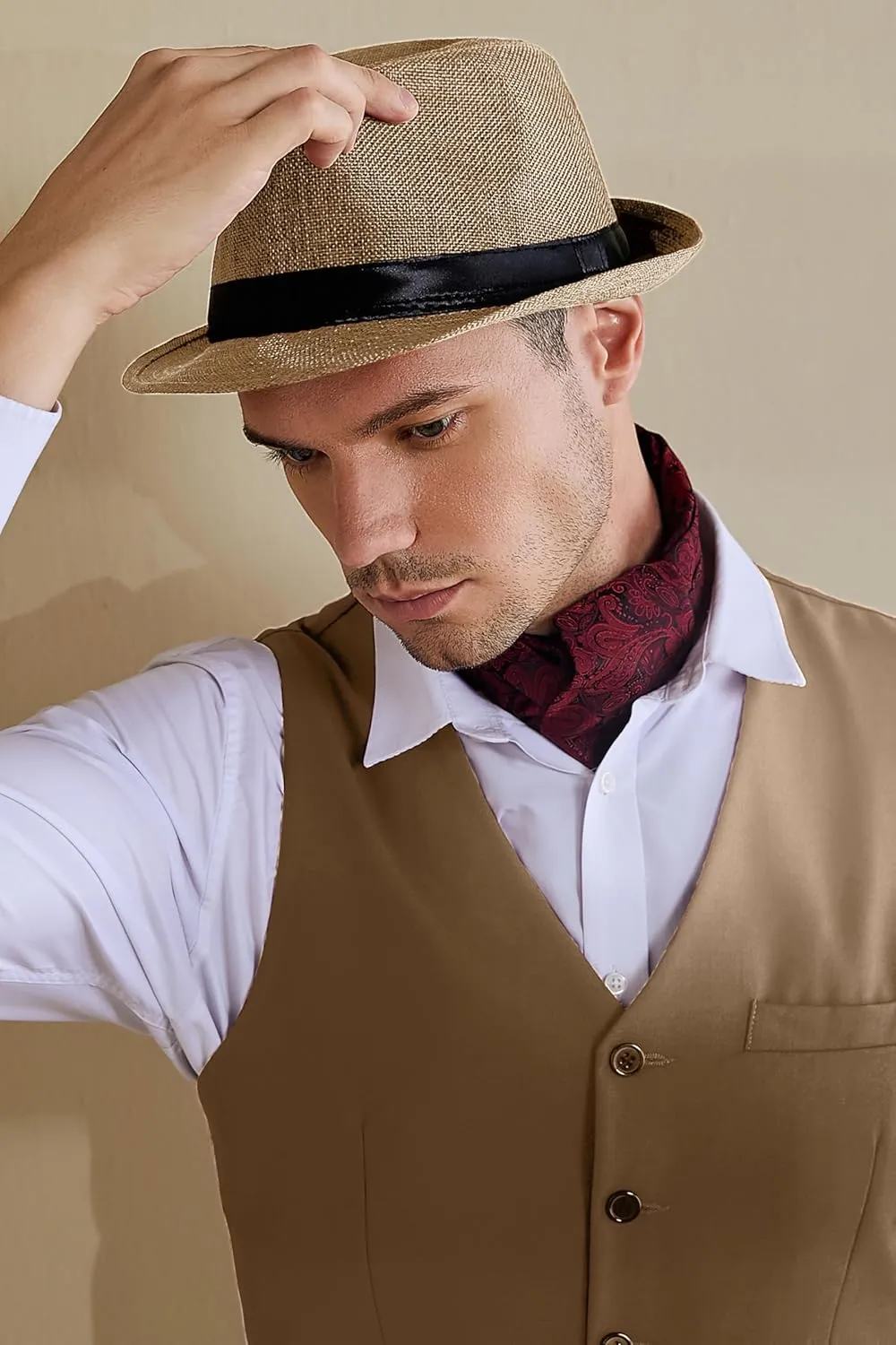 BABEYOND Straw Trilby Fedora Hat for Men-1920s Felt Panama Hat Short Brim Summer Cap with Ribbon