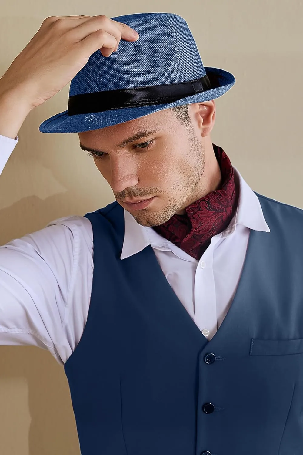 BABEYOND Straw Trilby Fedora Hat for Men-1920s Felt Panama Hat Short Brim Summer Cap with Ribbon