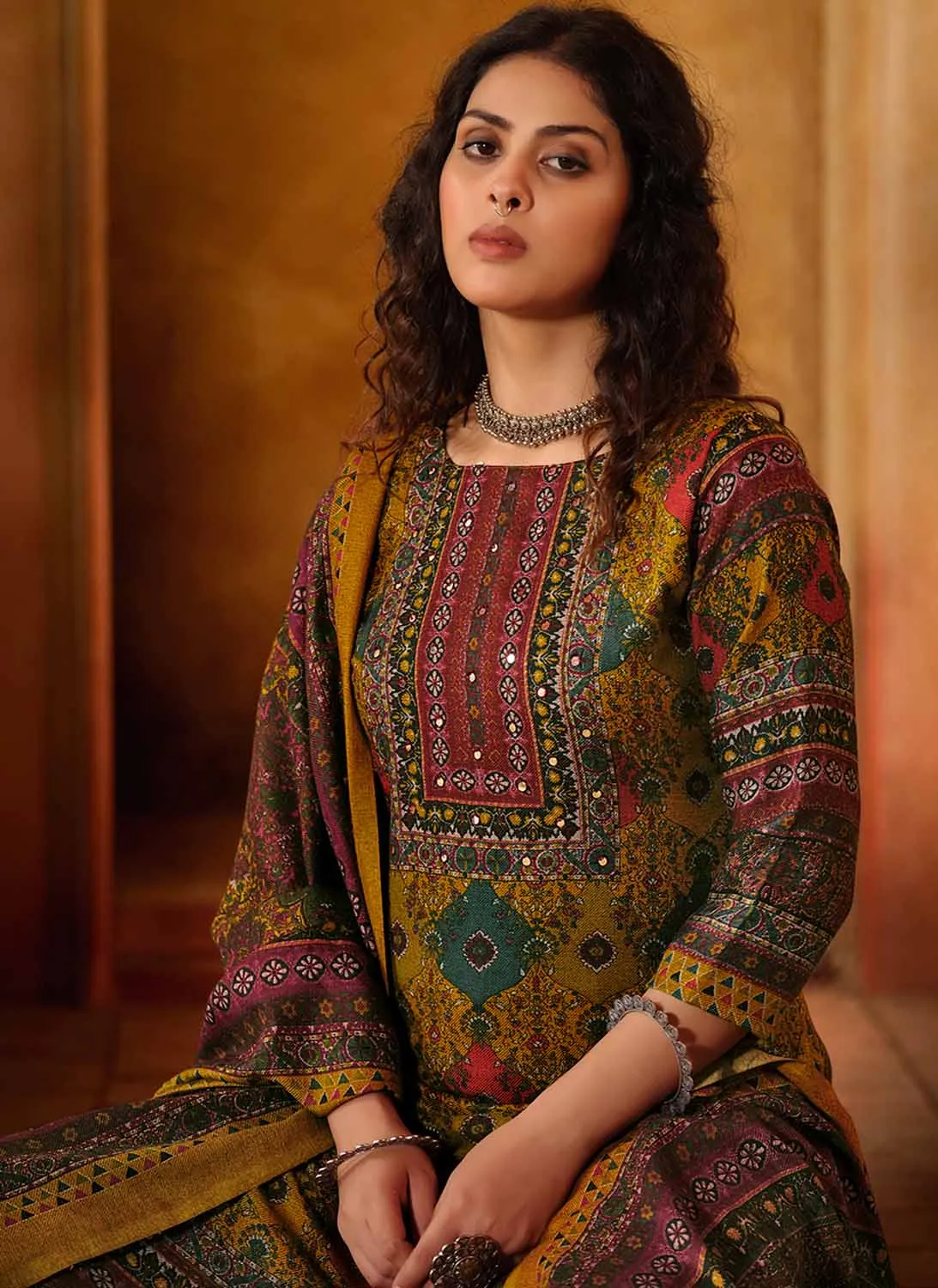Belliza Unstitched Yellow Winter Woollen Suit Dress Material for Women
