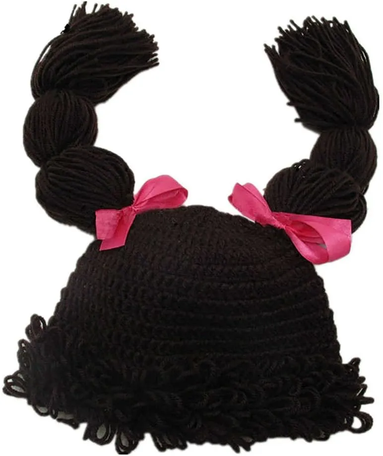 BIBITIME Knitted Pigtail Wig Beanie Handmade Women Girl's Braid Hat Bowknot Cap