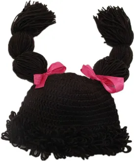 BIBITIME Knitted Pigtail Wig Beanie Handmade Women Girl's Braid Hat Bowknot Cap