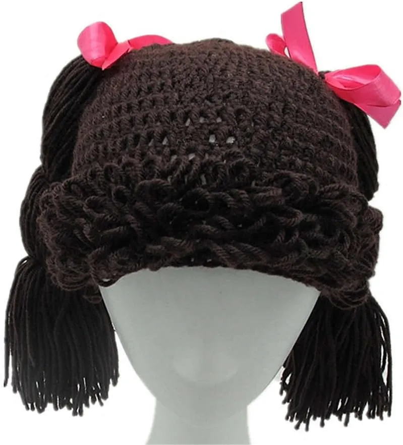 BIBITIME Knitted Pigtail Wig Beanie Handmade Women Girl's Braid Hat Bowknot Cap