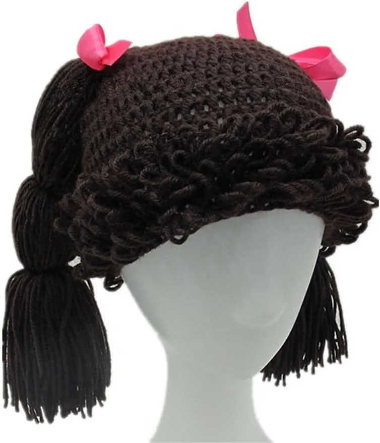 BIBITIME Knitted Pigtail Wig Beanie Handmade Women Girl's Braid Hat Bowknot Cap