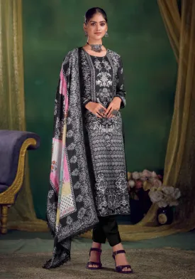 Black Unstitched Pakistani Print Pashmina Winter Suit Dress Material