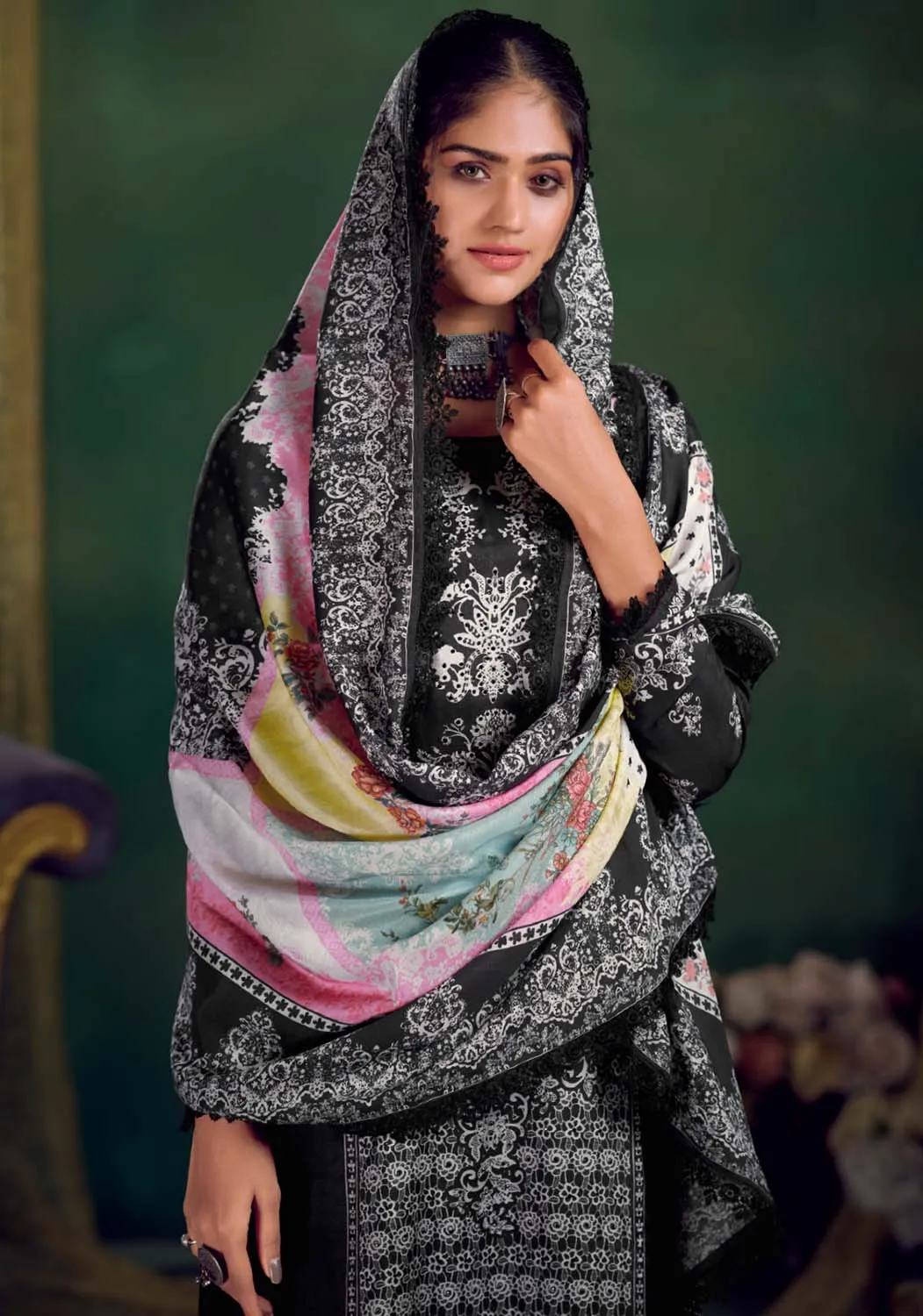 Black Unstitched Pakistani Print Pashmina Winter Suit Dress Material