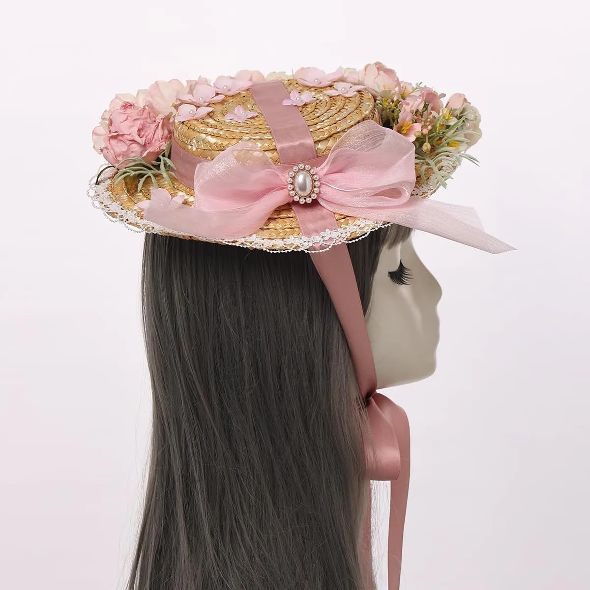 COSDREAMER Girls Women Tea Party Sun Hat Lace Ribbons Straw Hats Small Hat