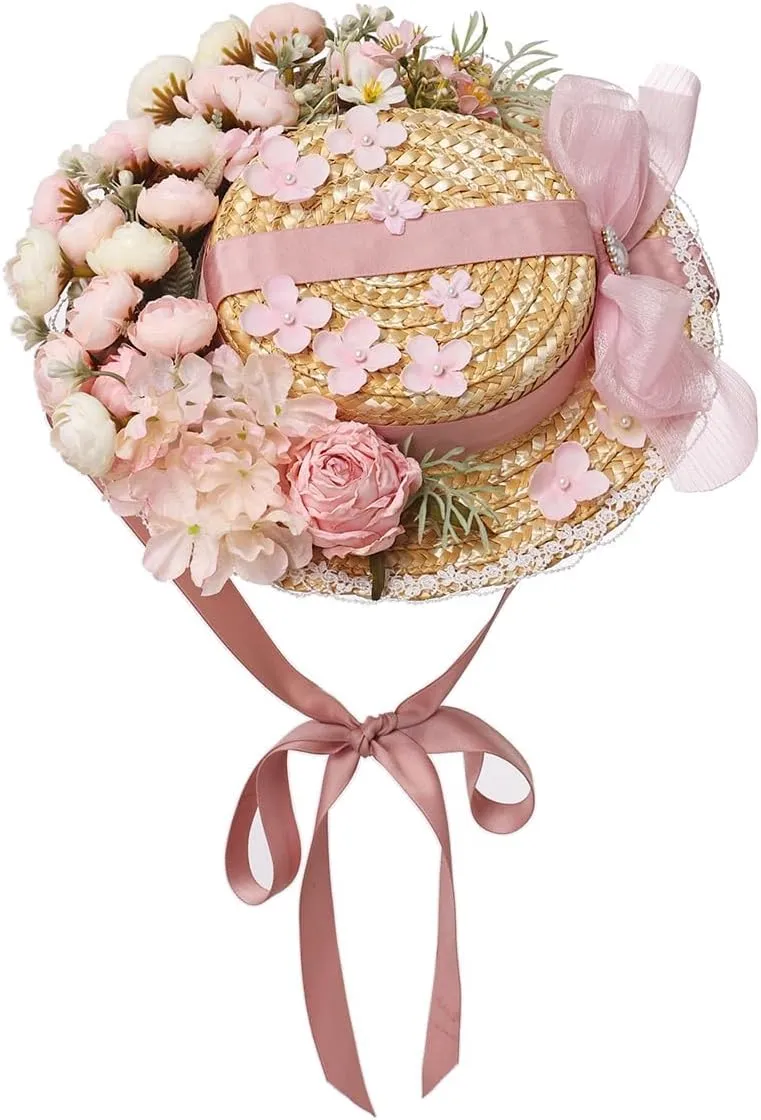 COSDREAMER Girls Women Tea Party Sun Hat Lace Ribbons Straw Hats Small Hat