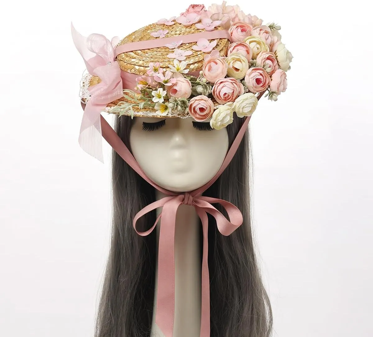 COSDREAMER Girls Women Tea Party Sun Hat Lace Ribbons Straw Hats Small Hat