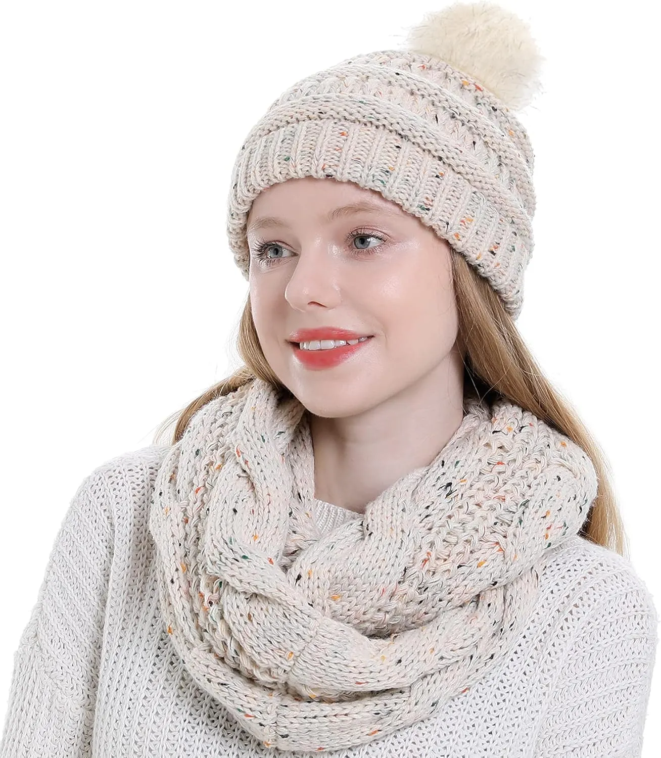 Double Couple Winter Scarf and Hat Set for Women Thick Cable Knitted Circle Loop Infinity Scarfs and Warm Beanie Hat