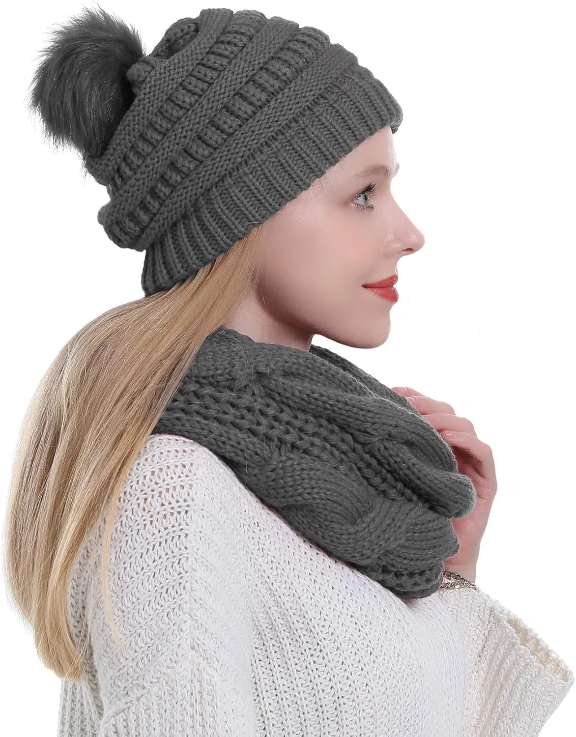 Double Couple Winter Scarf and Hat Set for Women Thick Cable Knitted Circle Loop Infinity Scarfs and Warm Beanie Hat