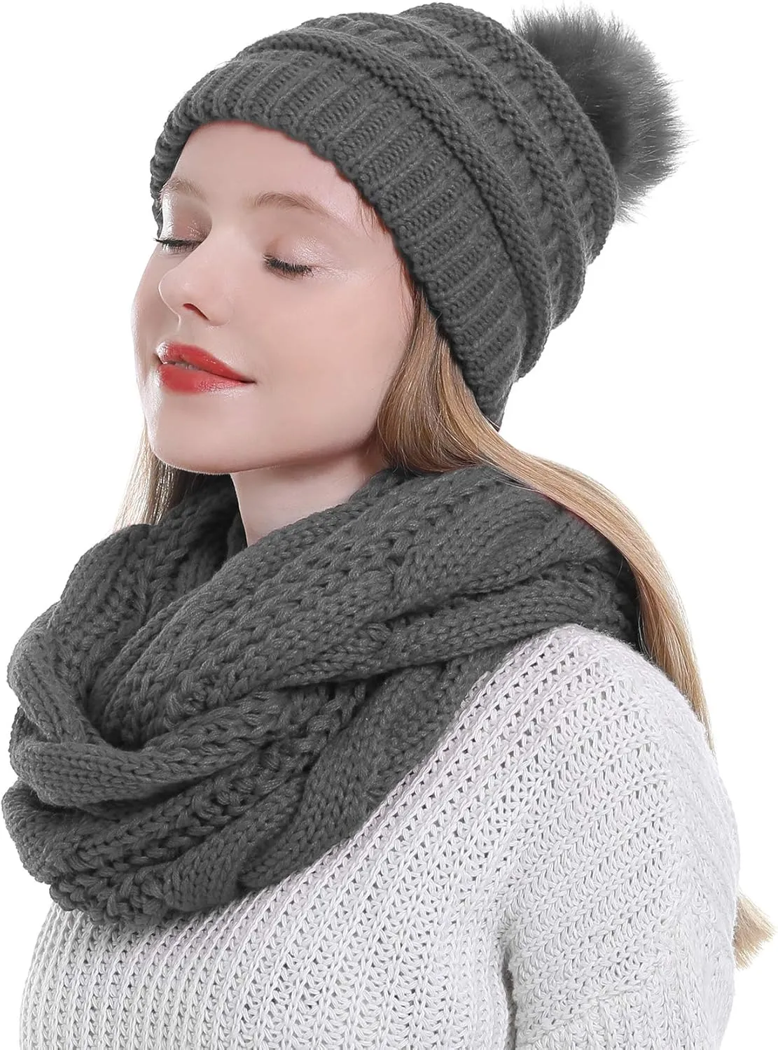 Double Couple Winter Scarf and Hat Set for Women Thick Cable Knitted Circle Loop Infinity Scarfs and Warm Beanie Hat