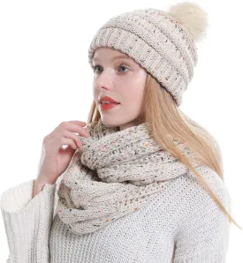 Double Couple Winter Scarf and Hat Set for Women Thick Cable Knitted Circle Loop Infinity Scarfs and Warm Beanie Hat