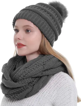 Double Couple Winter Scarf and Hat Set for Women Thick Cable Knitted Circle Loop Infinity Scarfs and Warm Beanie Hat