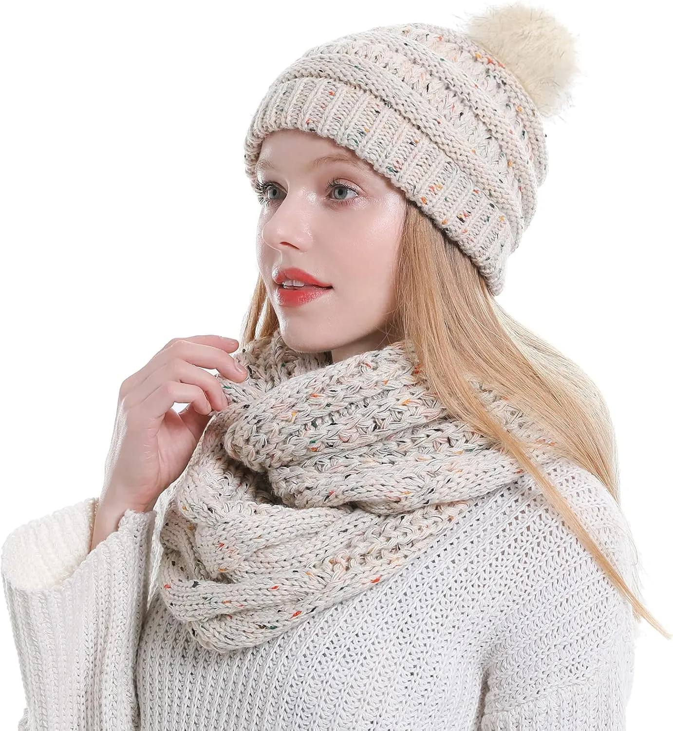 Double Couple Winter Scarf and Hat Set for Women Thick Cable Knitted Circle Loop Infinity Scarfs and Warm Beanie Hat