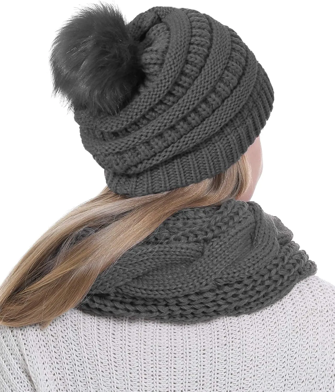 Double Couple Winter Scarf and Hat Set for Women Thick Cable Knitted Circle Loop Infinity Scarfs and Warm Beanie Hat