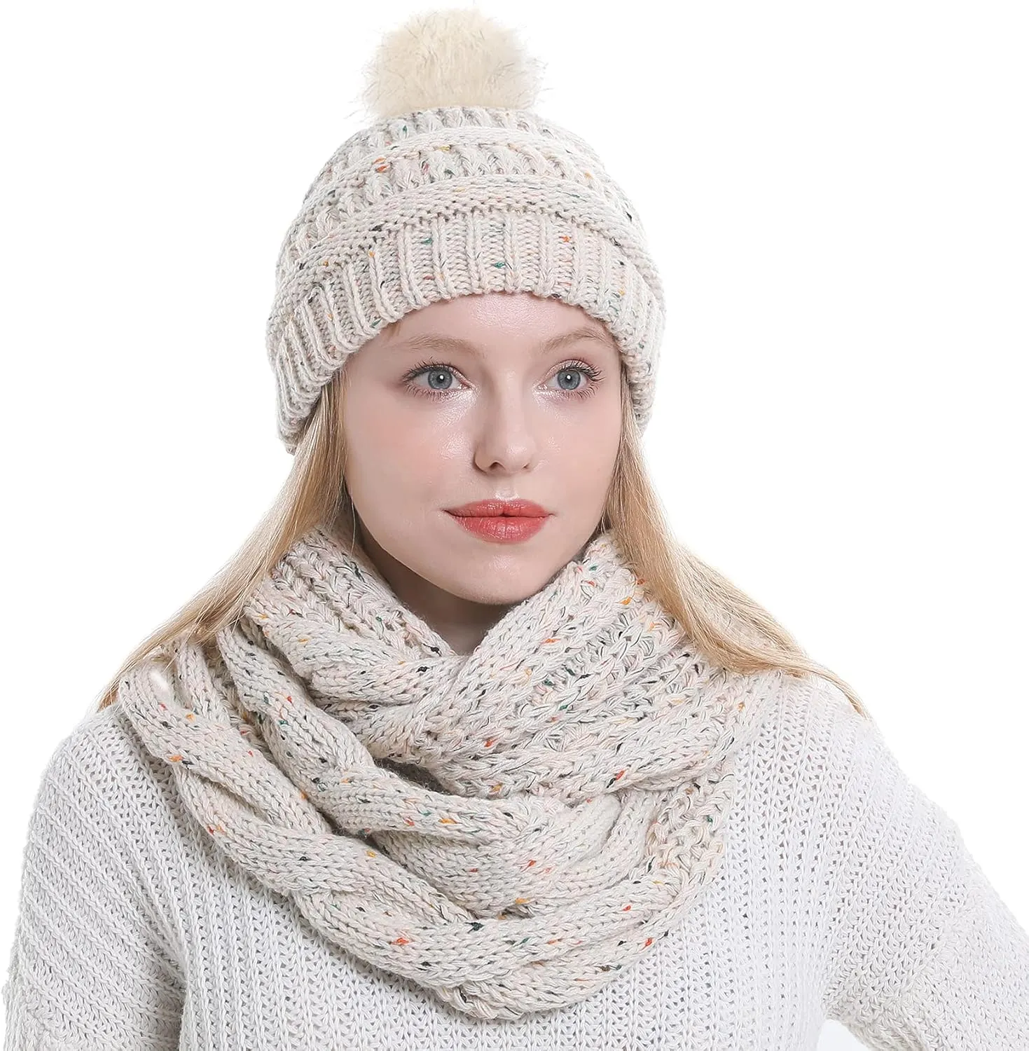 Double Couple Winter Scarf and Hat Set for Women Thick Cable Knitted Circle Loop Infinity Scarfs and Warm Beanie Hat