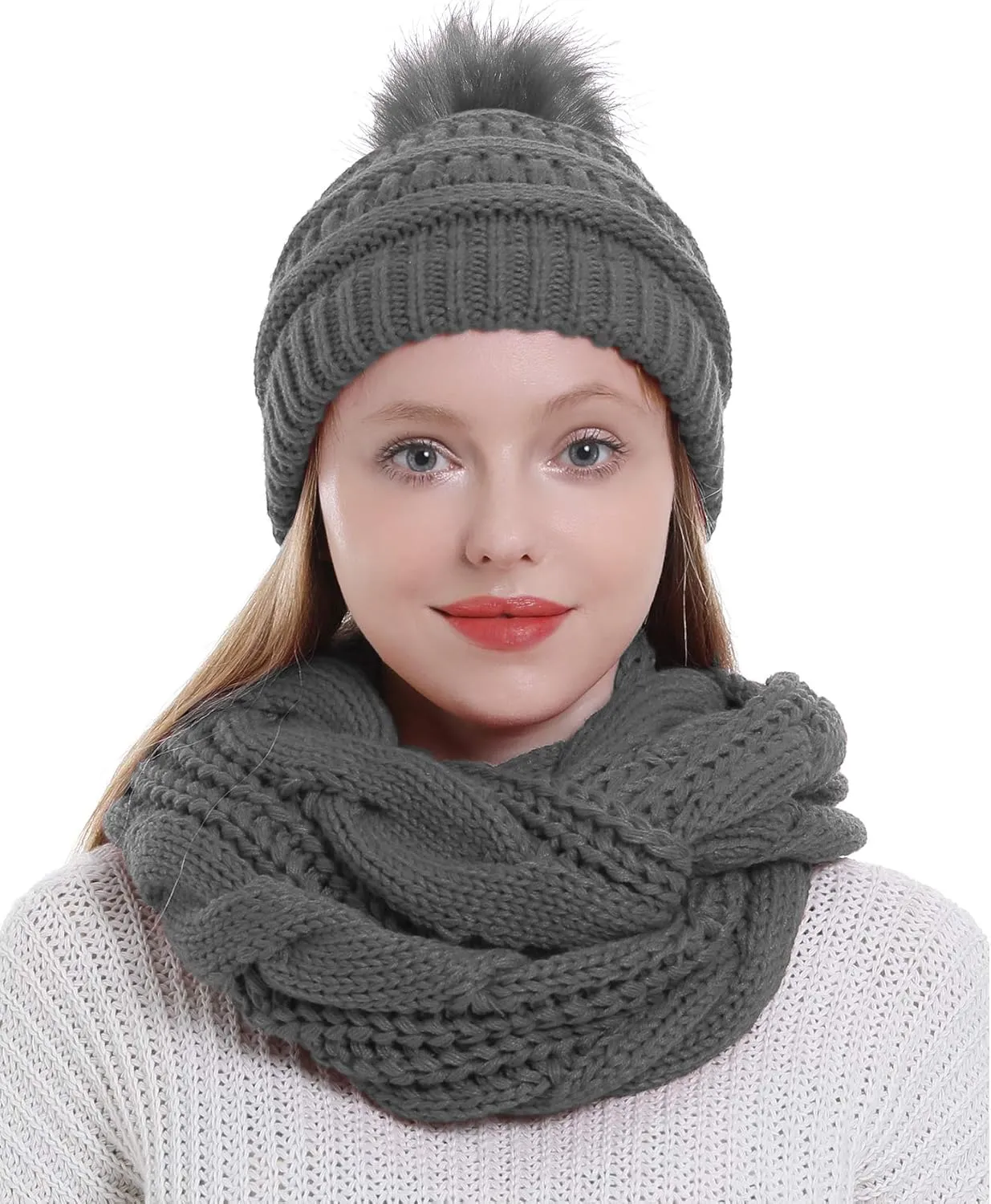 Double Couple Winter Scarf and Hat Set for Women Thick Cable Knitted Circle Loop Infinity Scarfs and Warm Beanie Hat