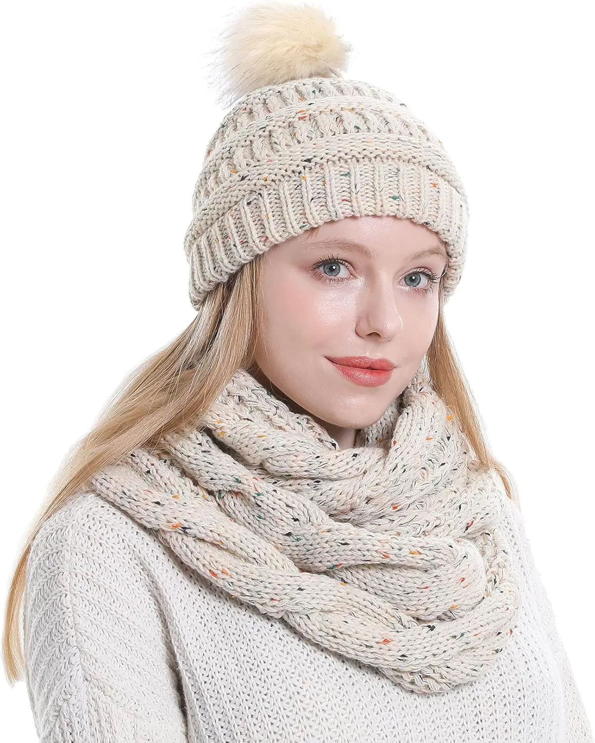 Double Couple Winter Scarf and Hat Set for Women Thick Cable Knitted Circle Loop Infinity Scarfs and Warm Beanie Hat