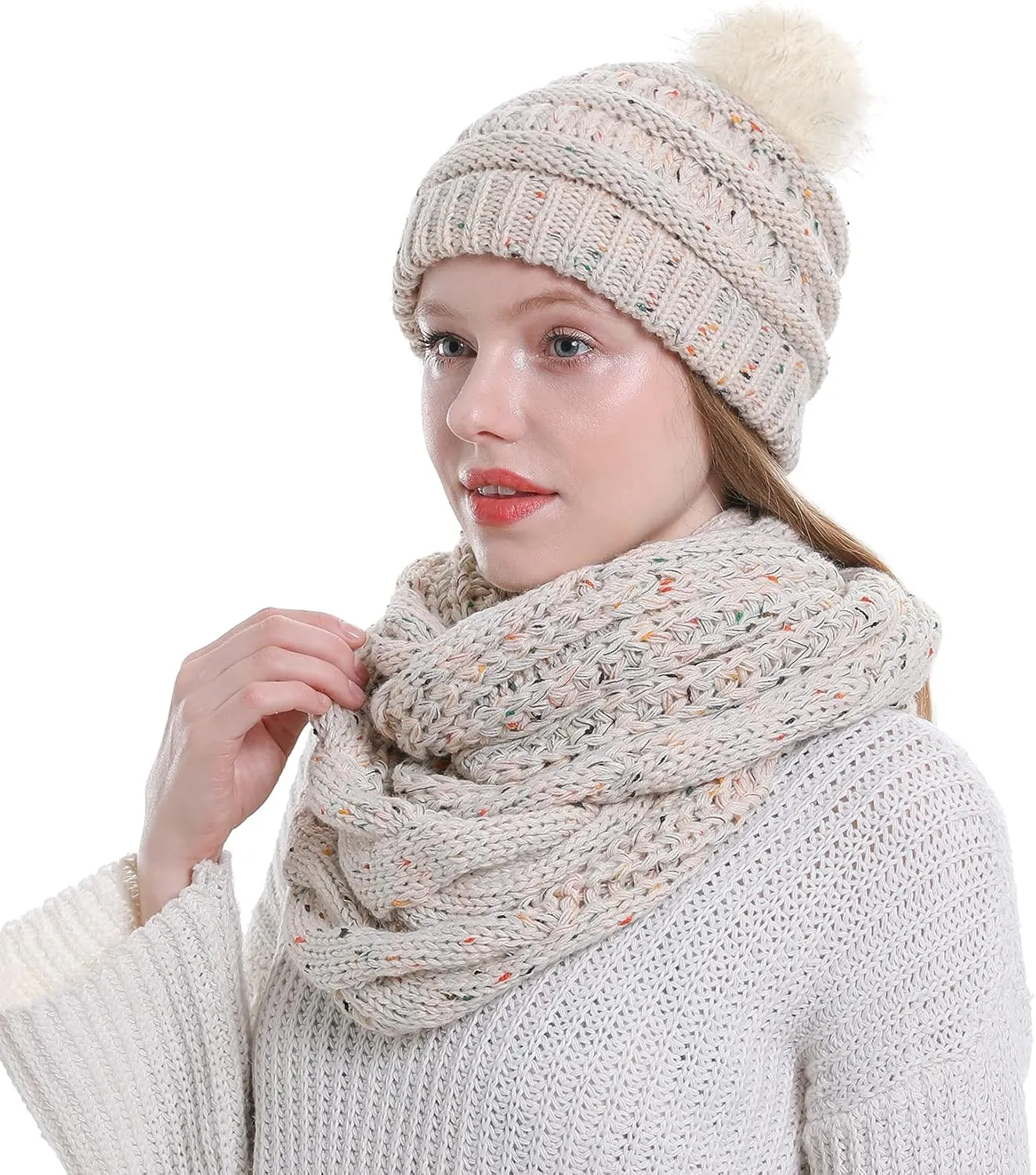Double Couple Winter Scarf and Hat Set for Women Thick Cable Knitted Circle Loop Infinity Scarfs and Warm Beanie Hat