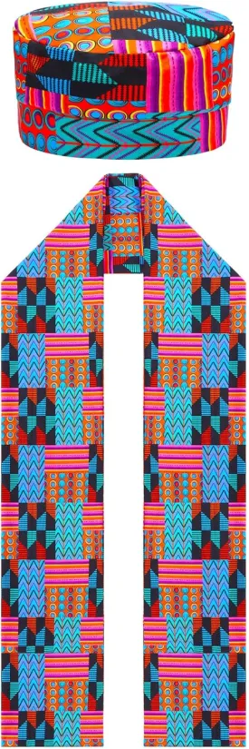 Geyoga 2 Pcs African Kente Pattern Kufi Hat Kente Kufi Hat Men and African Print Shawl for Emancipation Day Black History Choir Dance Men Women