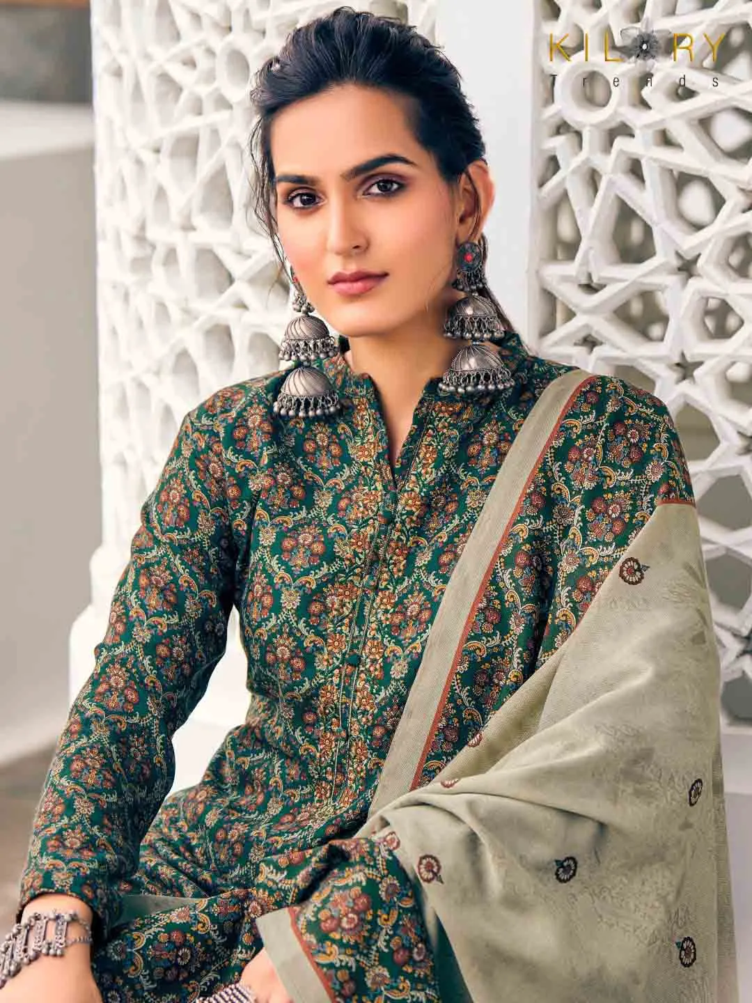 Green Unstitched Pashmina Embroidered Winter Suit Dress Material