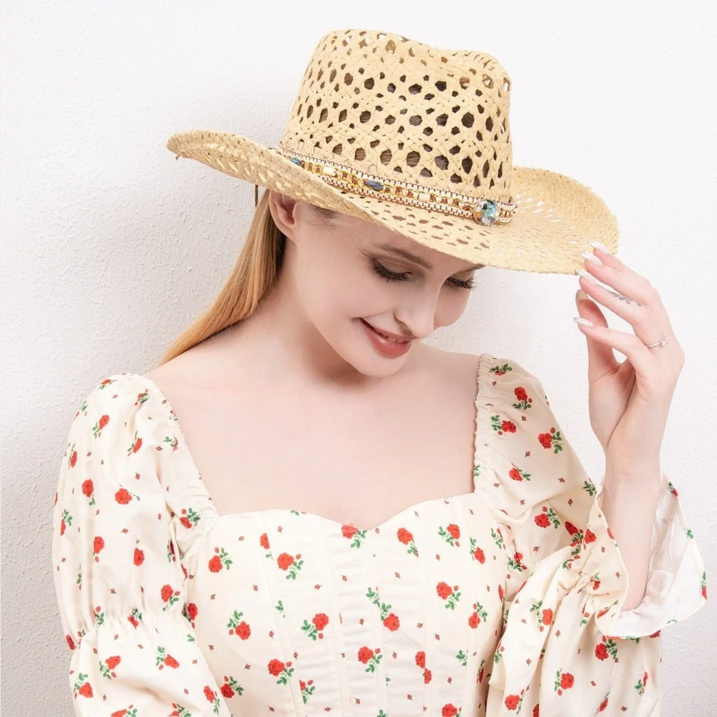 H3324 Boho Cut Out Cowboy Hat With Bead Detailing