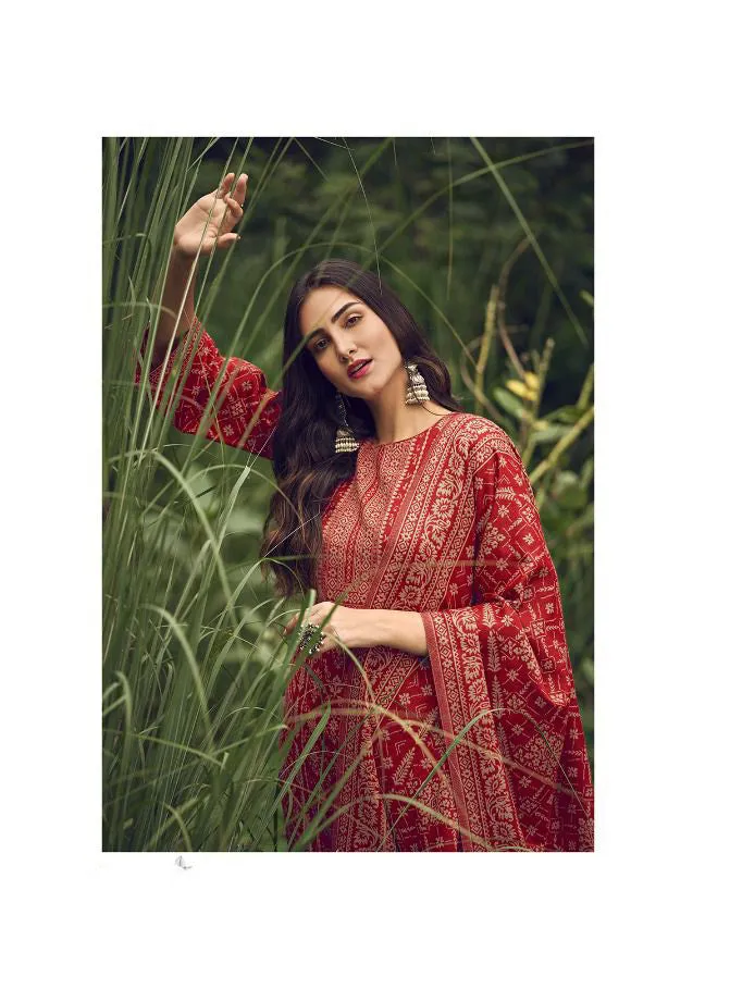 Handloom Weaving Red Pashmina Unstiched Winter Suit