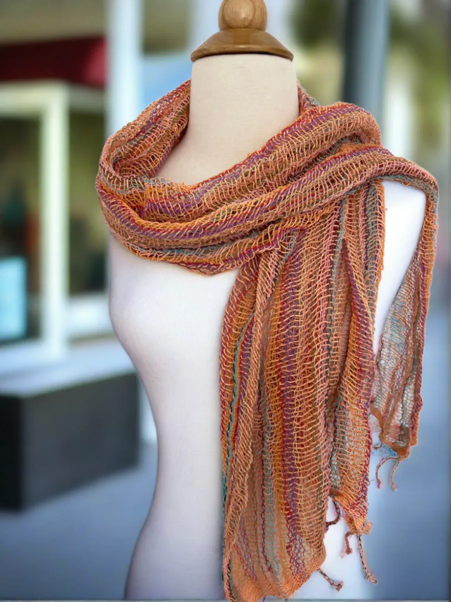 Handwoven Open Weave Cotton Scarf - Multicolor Apricot