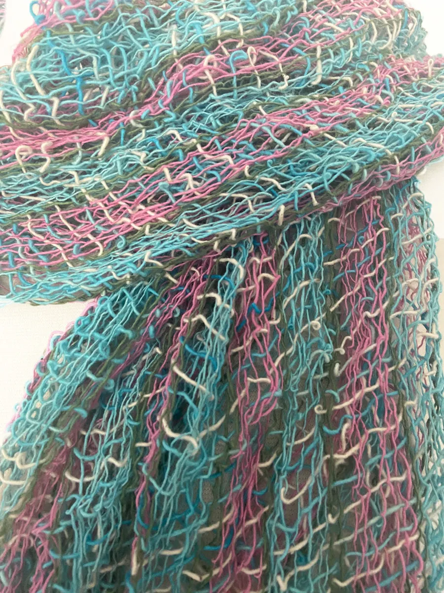 Handwoven Open Weave Cotton Scarf - Turquoise-Pink-Olive