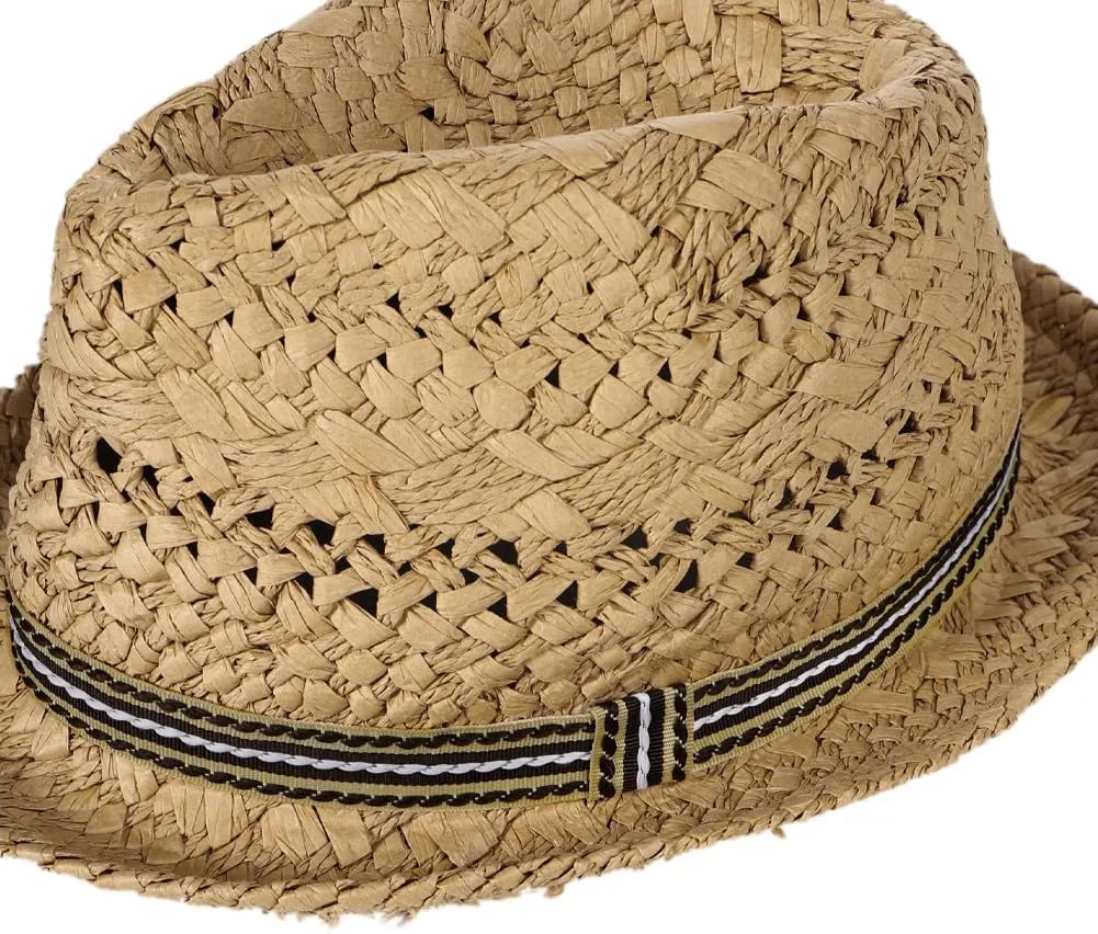 Kids Straw Fedora Sun Hat Short Brim Panama Jazz Hat Roll Up Trilby Bowler Cap for Small Boys Girls