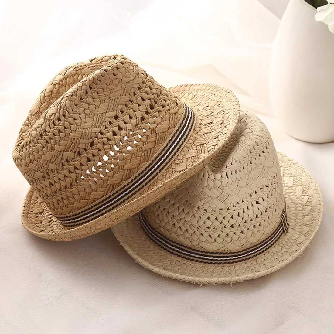 Kids Straw Fedora Sun Hat Short Brim Panama Jazz Hat Roll Up Trilby Bowler Cap for Small Boys Girls