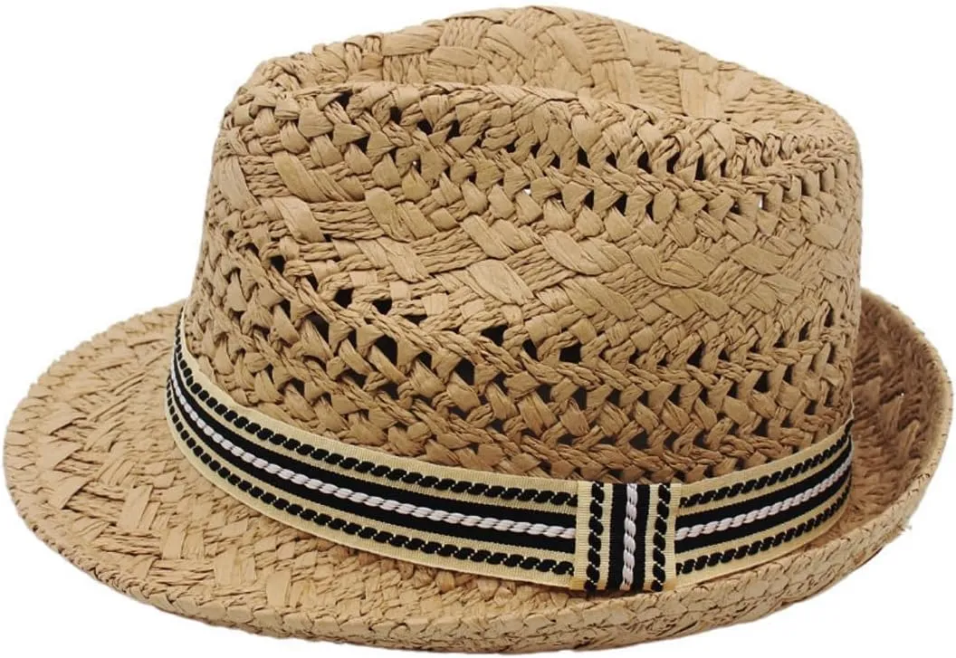 Kids Straw Fedora Sun Hat Short Brim Panama Jazz Hat Roll Up Trilby Bowler Cap for Small Boys Girls