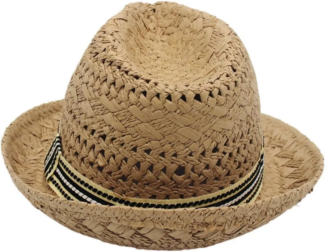 Kids Straw Fedora Sun Hat Short Brim Panama Jazz Hat Roll Up Trilby Bowler Cap for Small Boys Girls