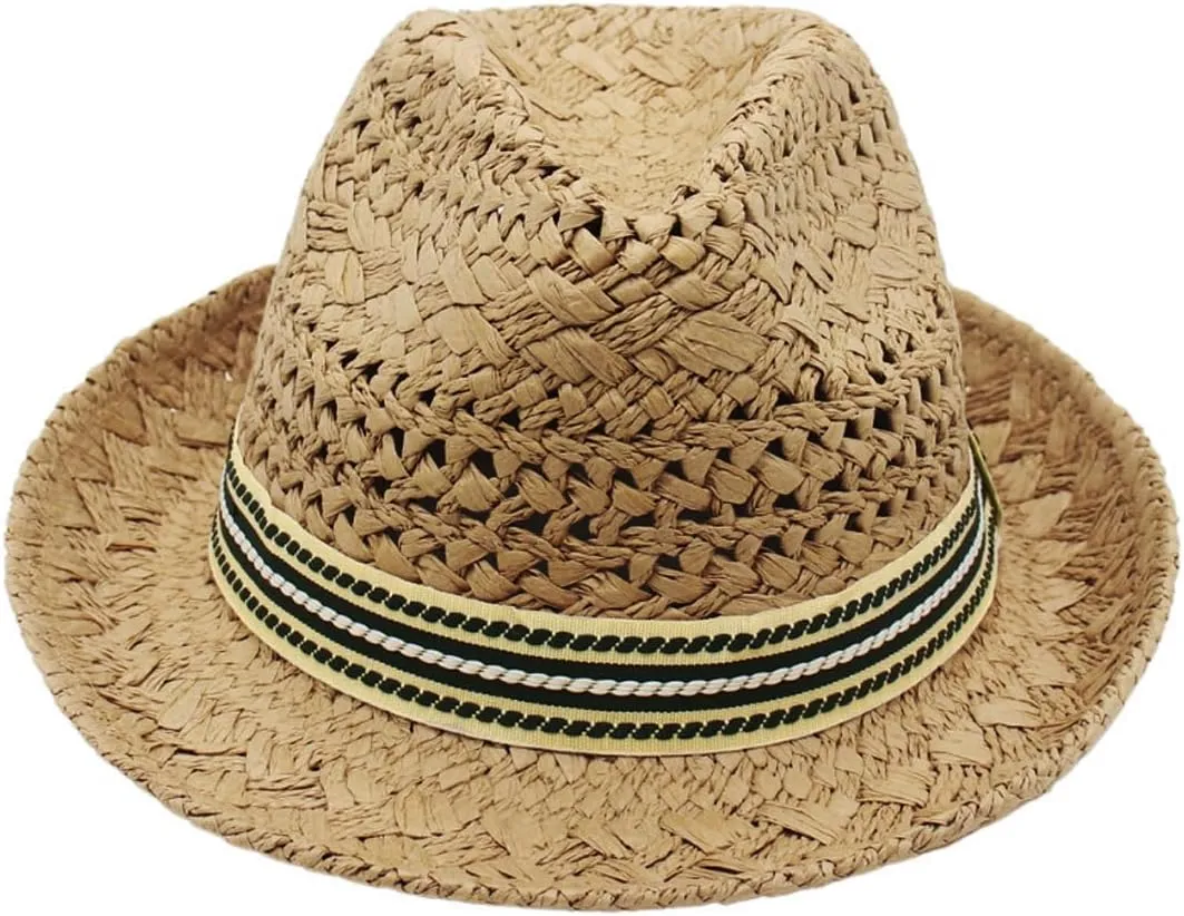 Kids Straw Fedora Sun Hat Short Brim Panama Jazz Hat Roll Up Trilby Bowler Cap for Small Boys Girls